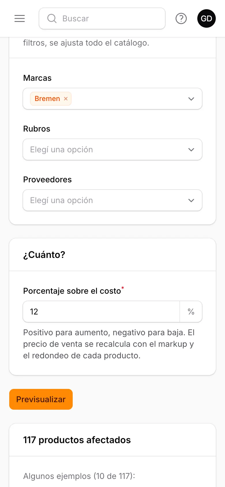 Vista previa de un ajuste masivo de precios en el celular