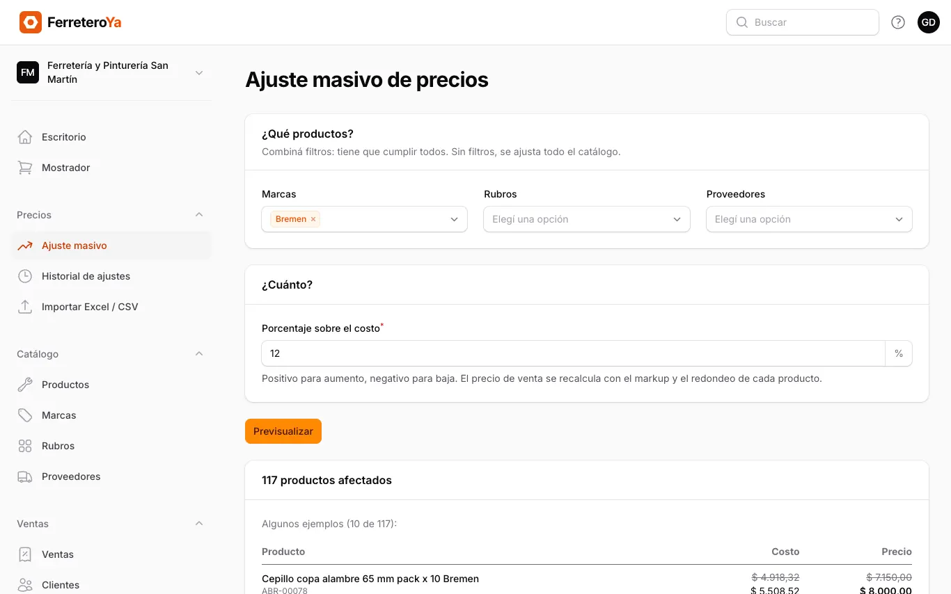 Pantalla de ajuste masivo de precios con el filtro de marca Bremen y 12% de aumento