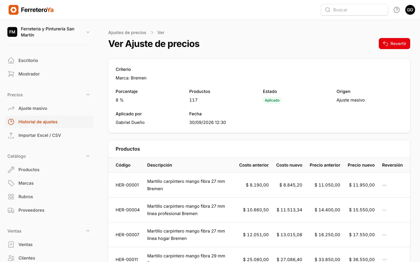 Detalle de un ajuste de precios en el historial con el botón Revertir