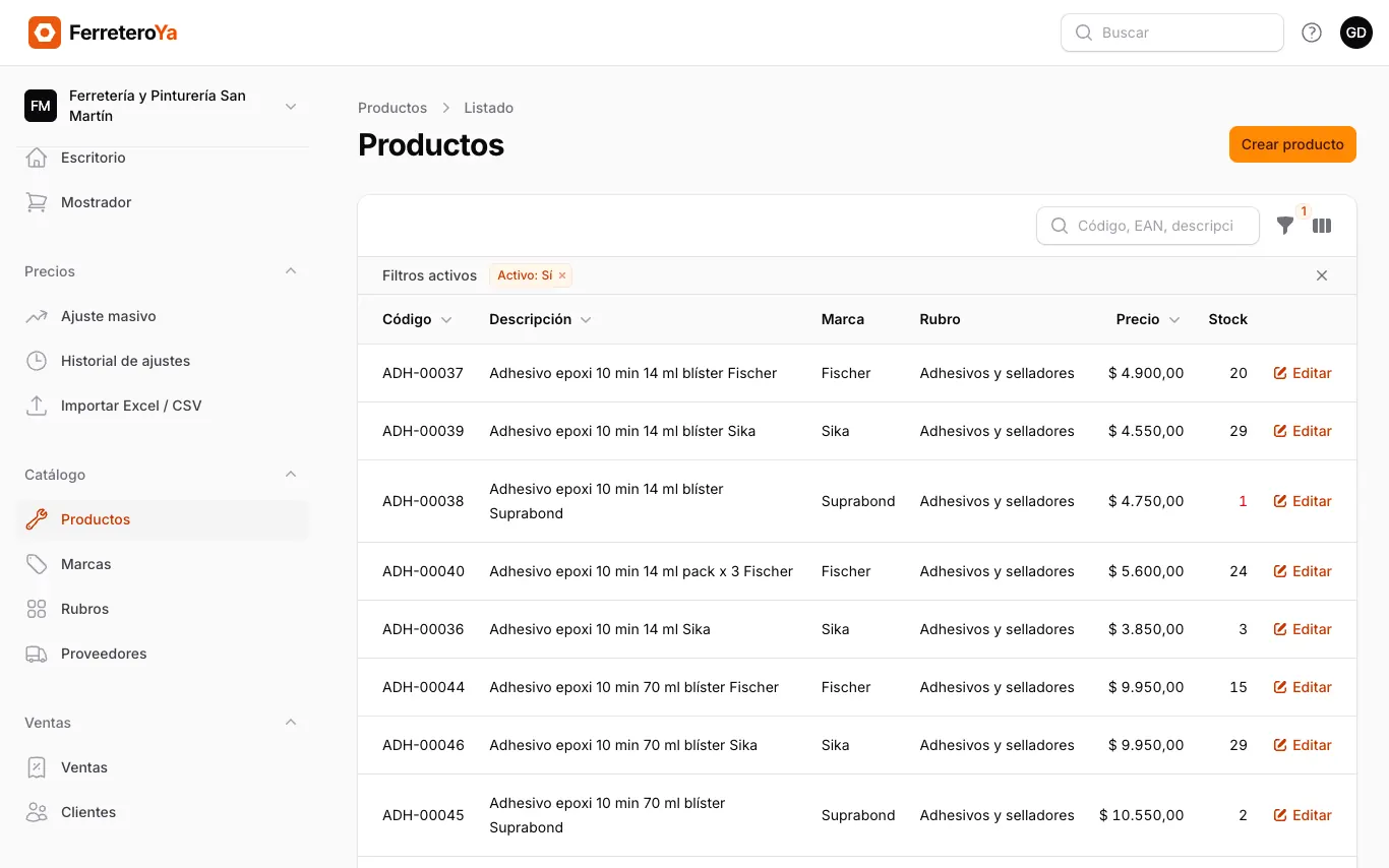 Listado de productos en Ferretero Ya con código, descripción, marca, rubro, precio y stock