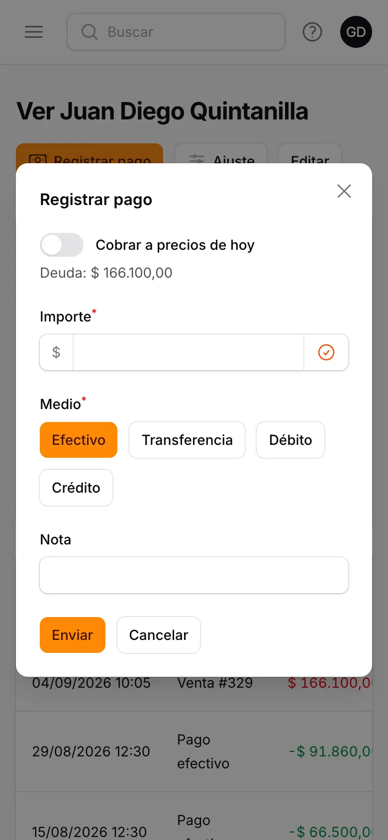 Registrar el pago de un cliente desde el celular
