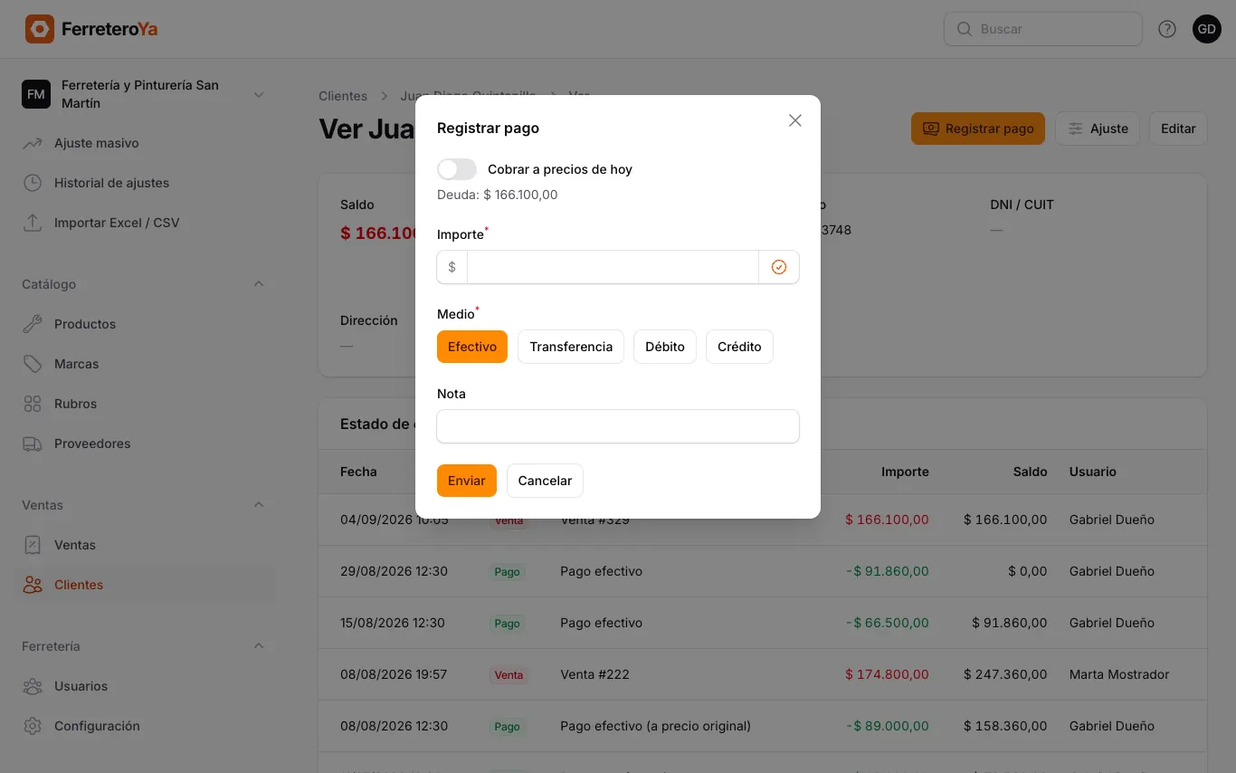 Ventana para registrar el pago de un cliente con importe y medio de pago
