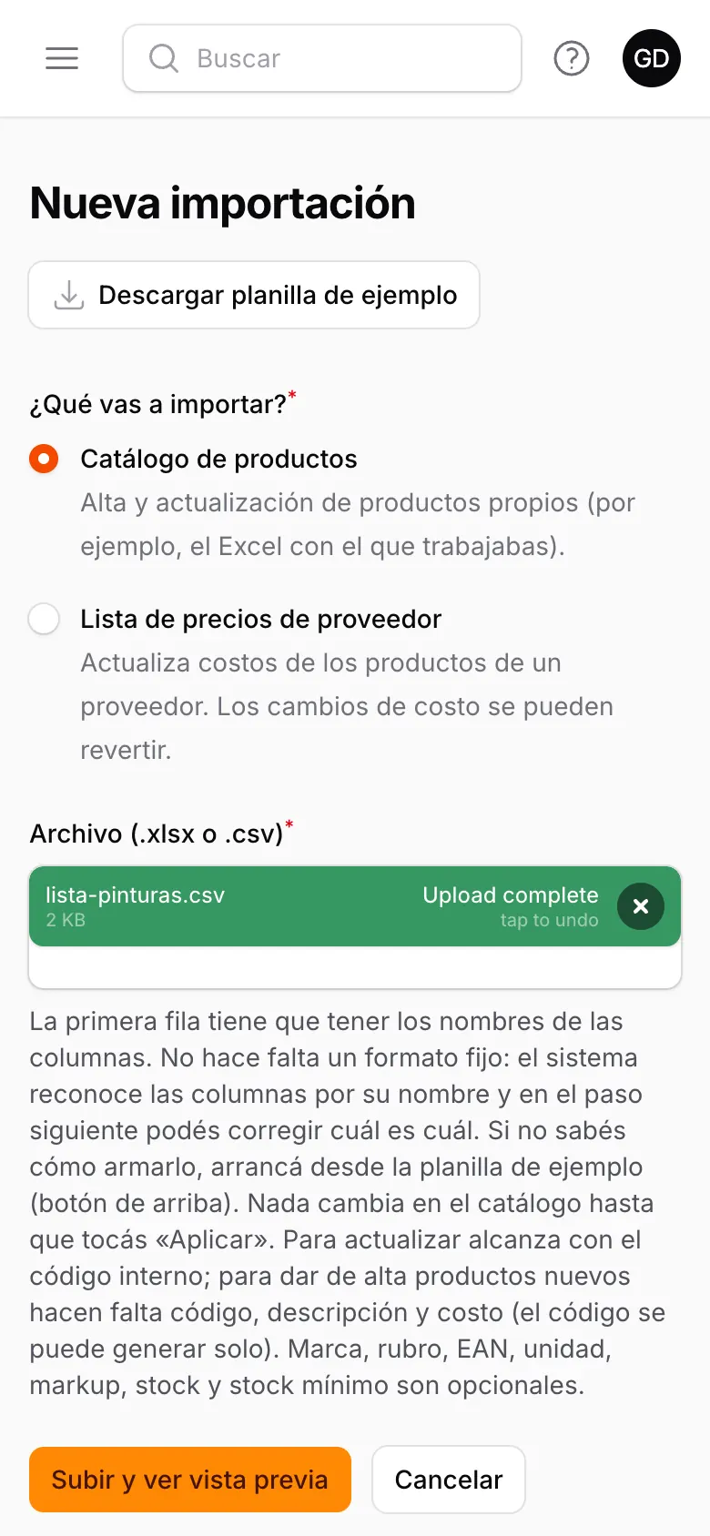 Pantalla de importación de una lista de precios en el celular
