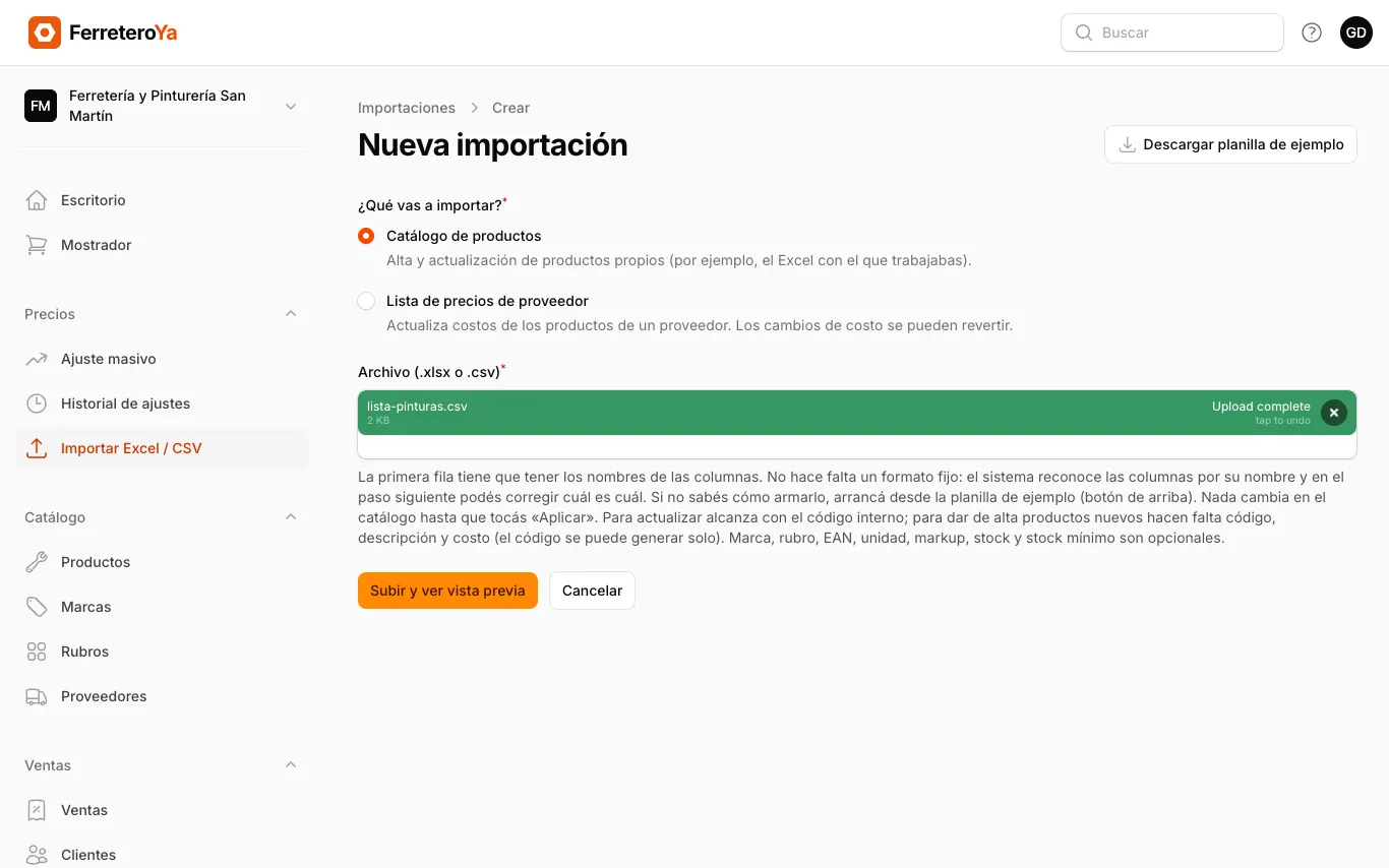 Pantalla de nueva importación con el archivo lista-pinturas.csv subido