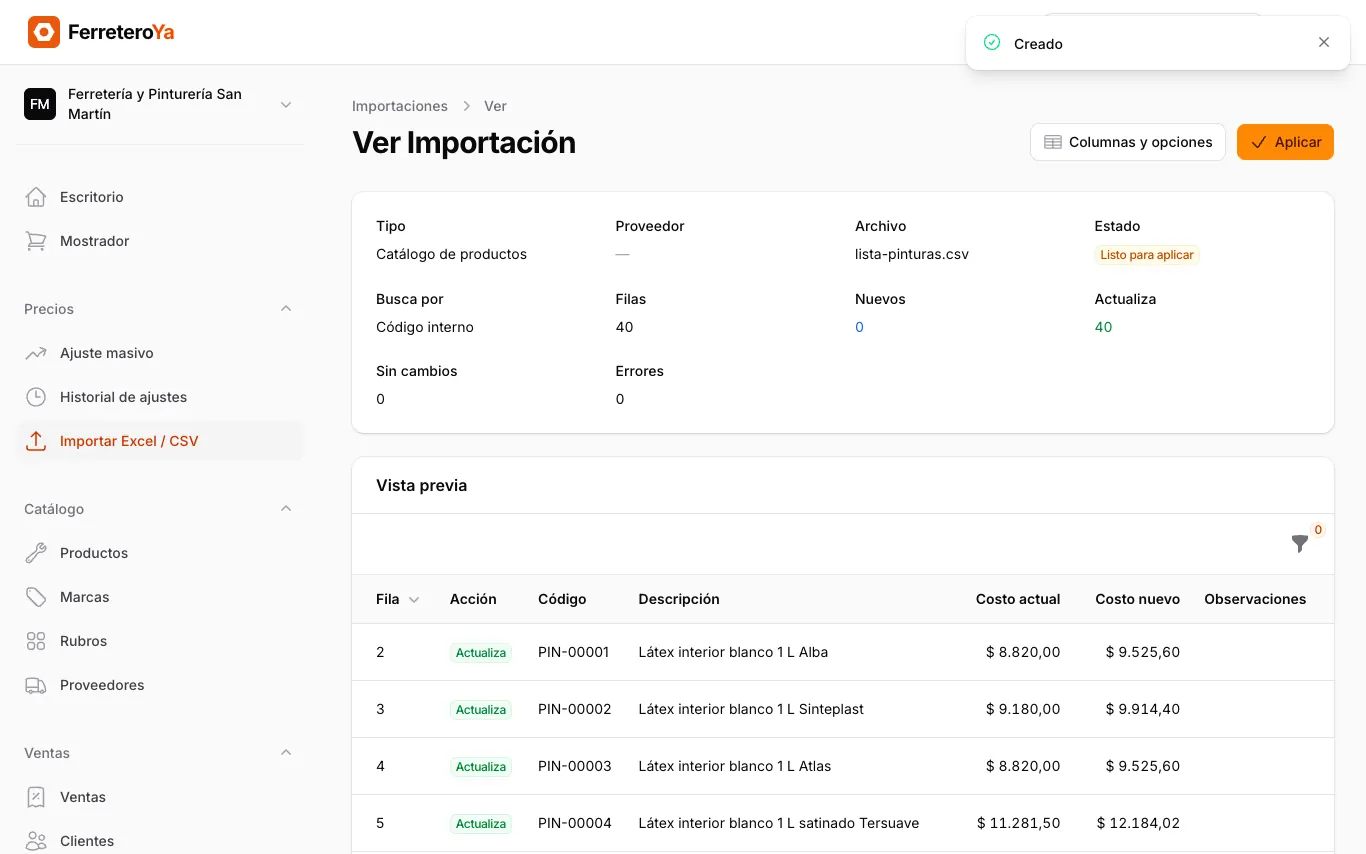 Vista previa de una importación con 40 productos a actualizar, costo actual y costo nuevo