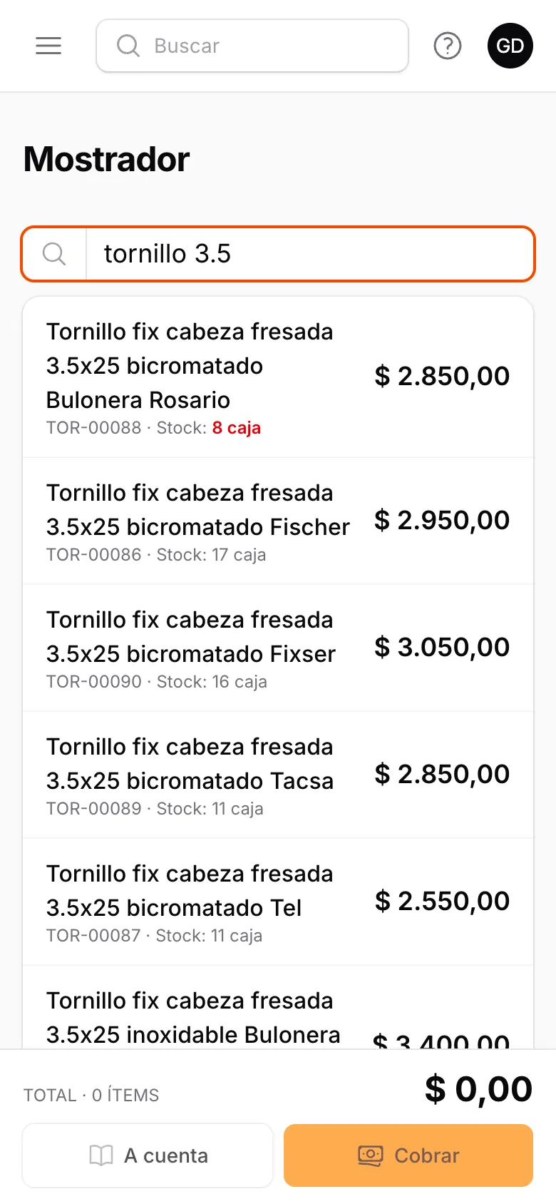 Búsqueda de tornillos 3.5 en el mostrador desde el celular