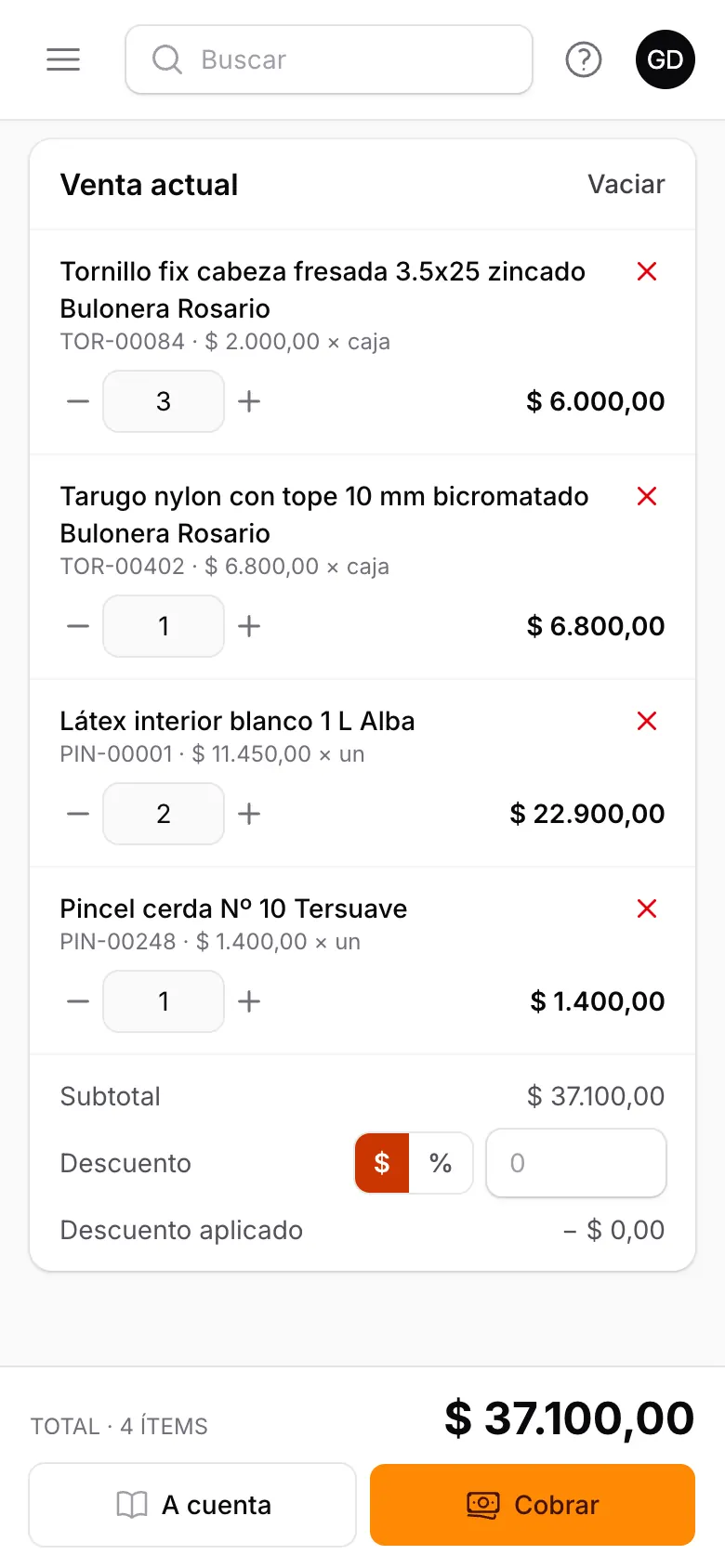 Venta en curso con cuatro productos en el celular
