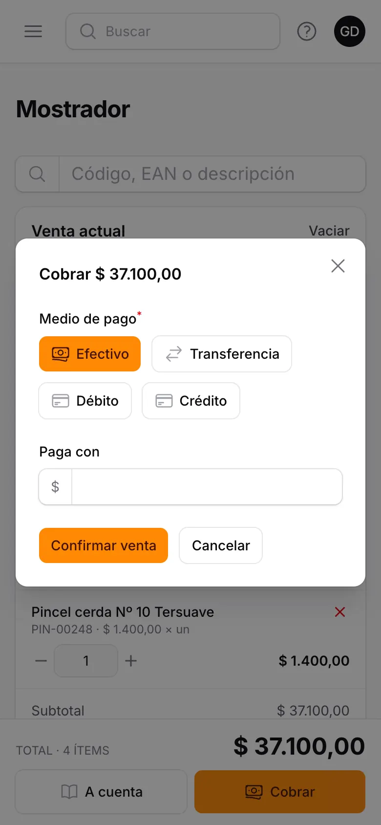 Ventana de cobro con medios de pago en el celular