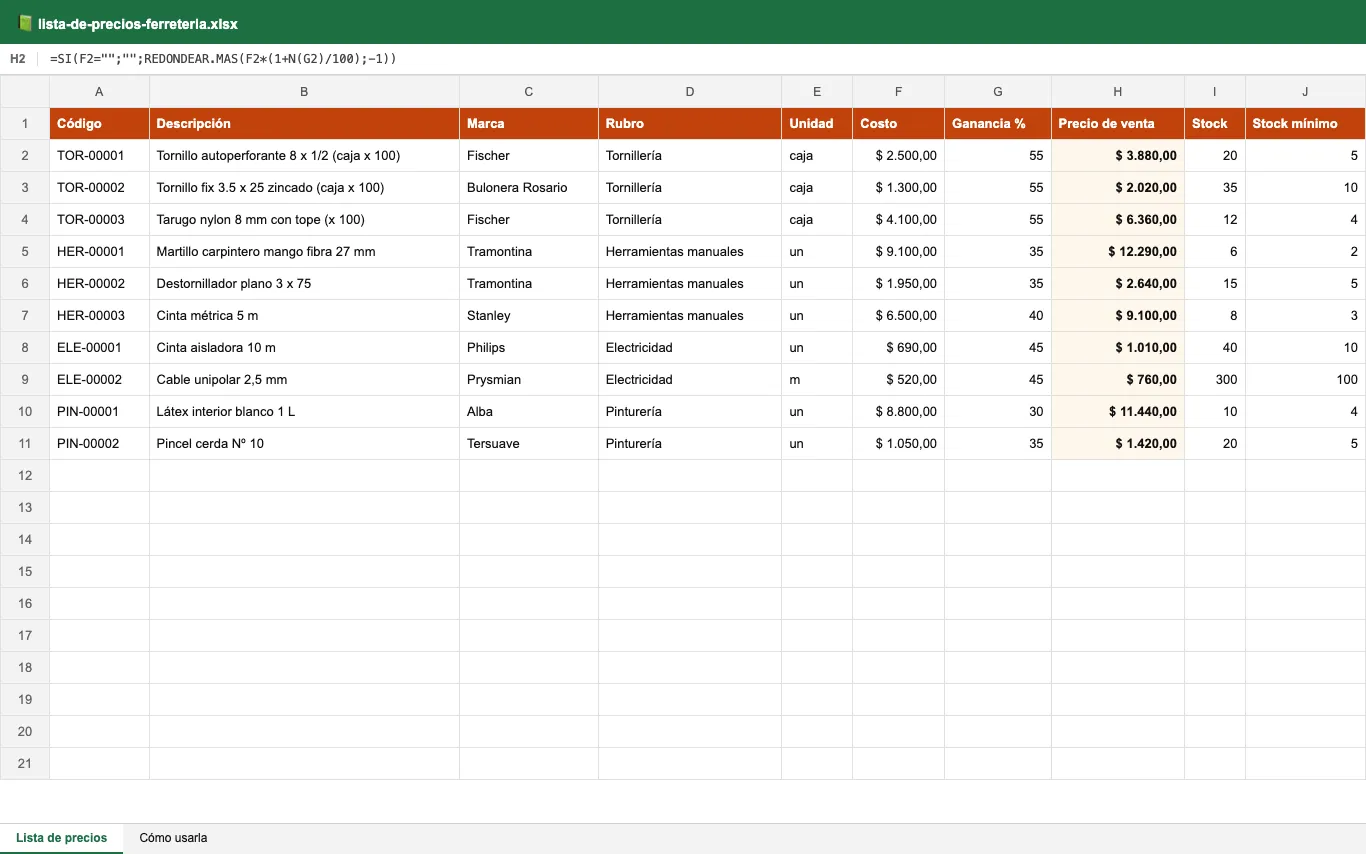 Planilla de Excel con código, descripción, marca, rubro, costo, ganancia y precio de venta calculado