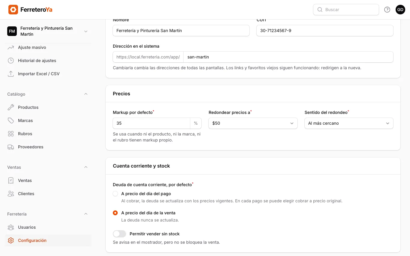 Configuración de precios: markup por defecto, redondeo y sentido del redondeo