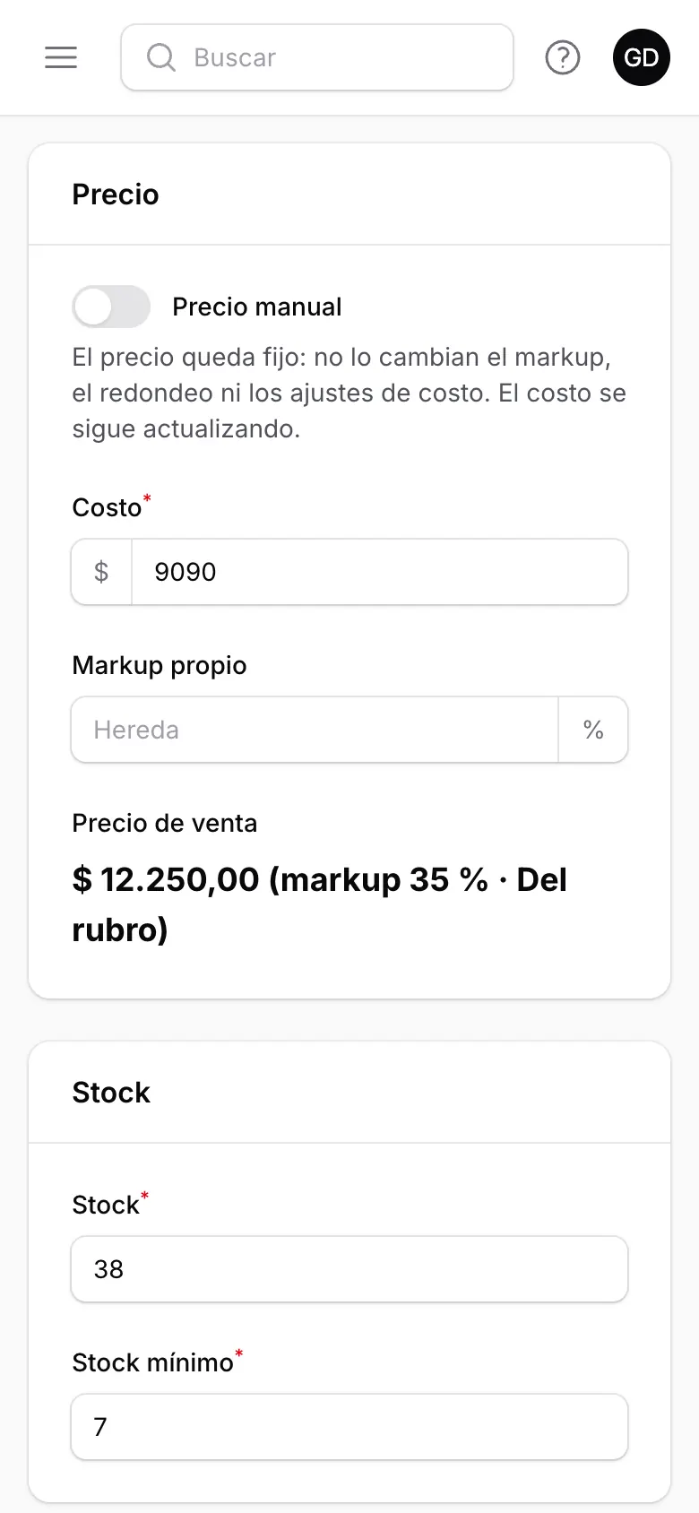 Ficha de producto en el celular con costo, precio de venta, stock y stock mínimo