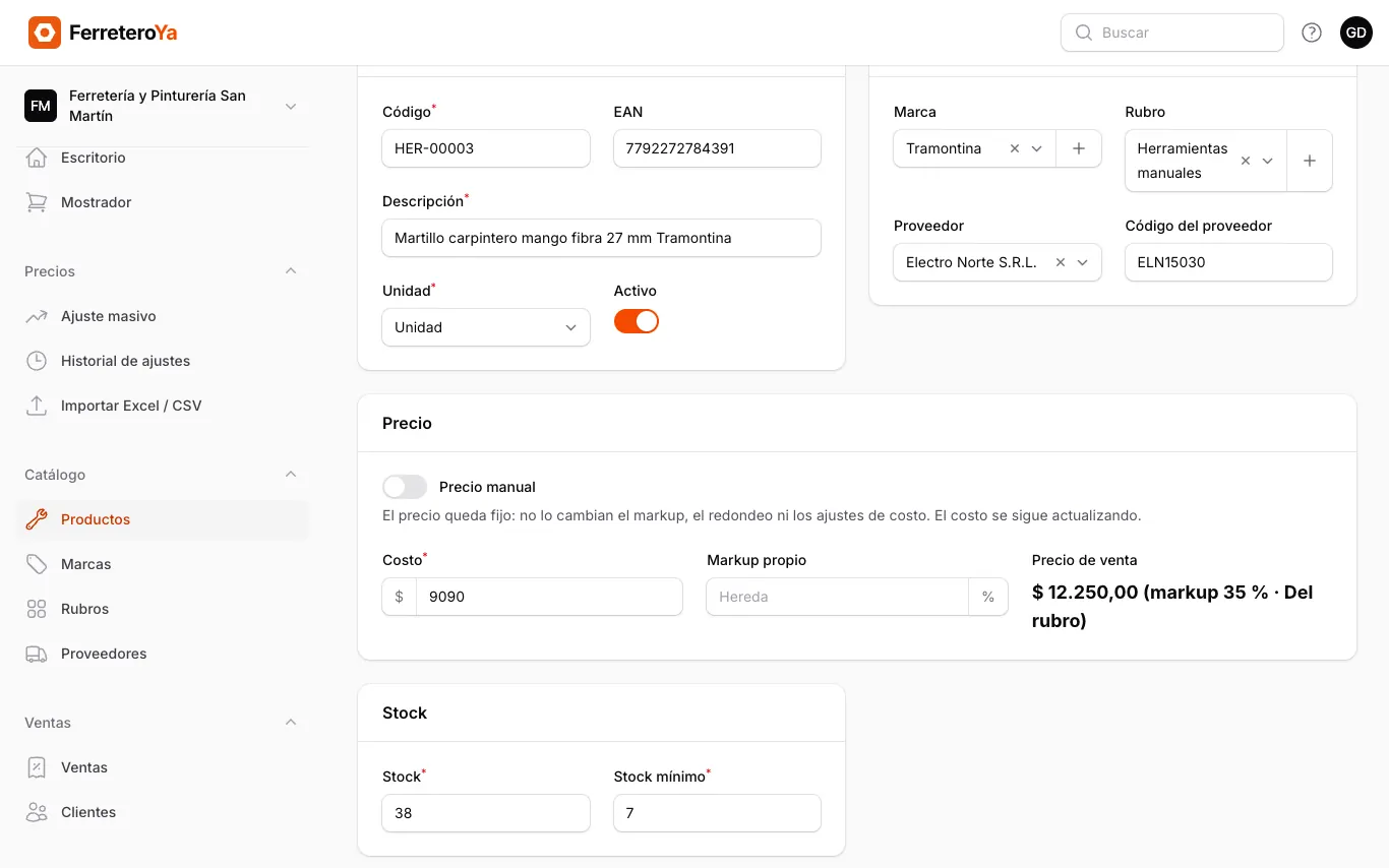 Ficha de un producto con el costo y el precio de venta calculado con markup 35% del rubro
