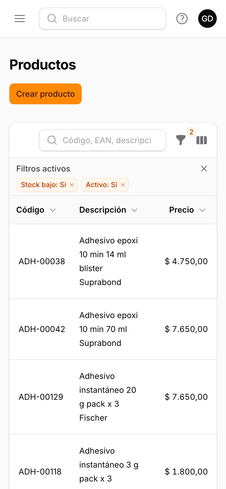 Productos con stock bajo vistos desde el celular
